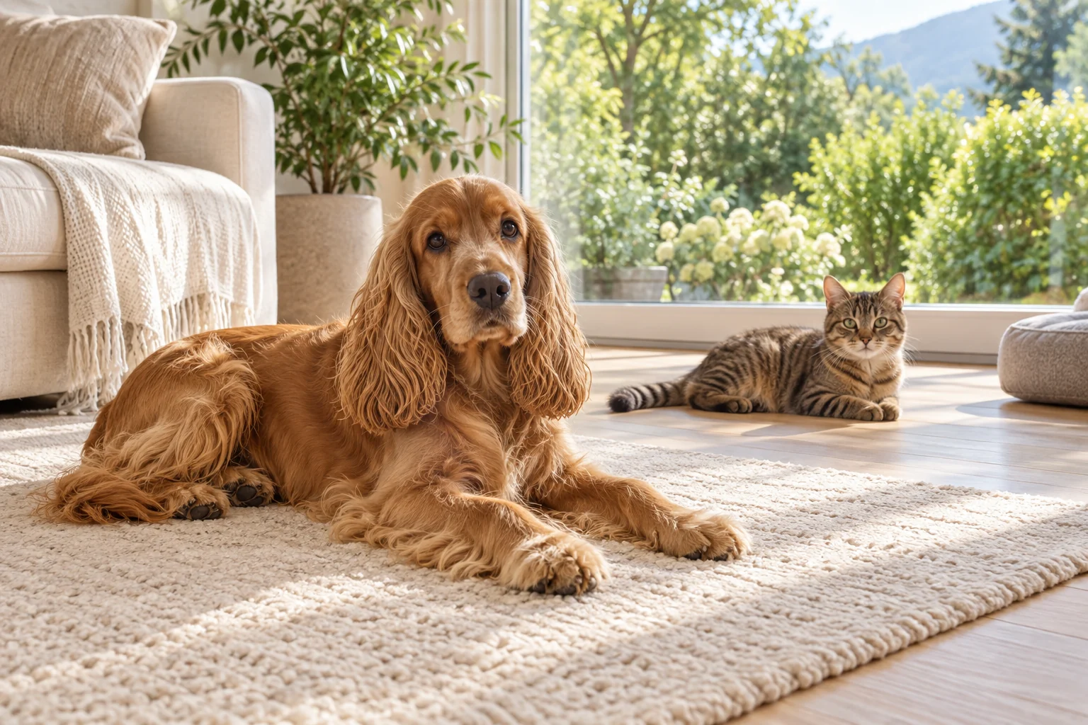 Ein goldener Spaniel und eine kleinere getigerte Katze ruhen in einem hellen Zuhause mit Blick ins Grüne.